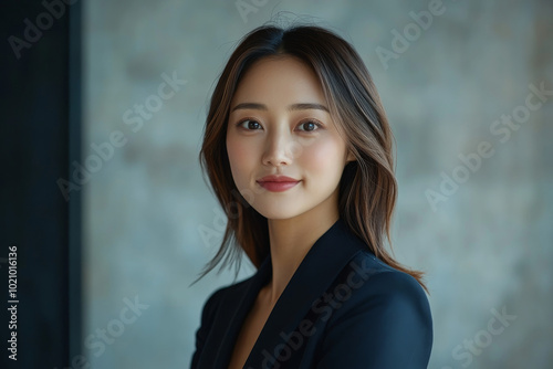 A young Asian woman in a black blazer smiles confidently.