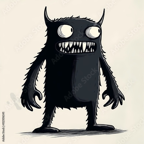 A whimsical, cartoonish black monster with large eyes and sharp teeth.