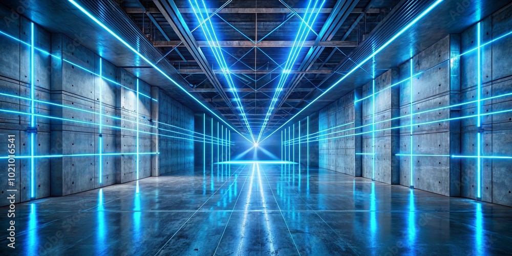 A futuristic concrete tunnel illuminated by a network of vibrant blue neon lights that intersect and converge at the vanishing point, creating a mesmerizing visual experience A futuristic concrete tunnel illuminated by a network of vibrant blue neon lights that intersect and converge at the vanishing point, creating a mesmerizing visual experience