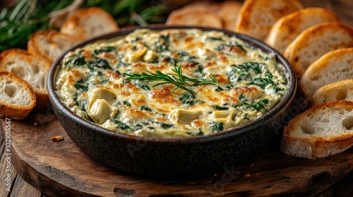 A creamy spinach and artichoke dip served with toasted baguette slices, arranged neatly on a serving platter for an appetizer
