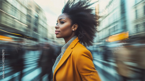 A young black woman in a yellow coat walks through a busy city street.