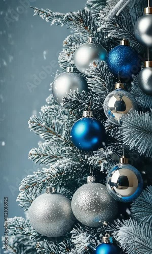 Elegant snow-frosted christmas tree with shiny silver and blue ornaments celebrating the joy of new year festivities