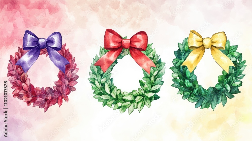 Holiday wreath and bows flat design front view classic celebration theme water color Triadic Color Scheme Holiday wreath and bows flat design front view classic celebration theme water color Triadic Color Scheme