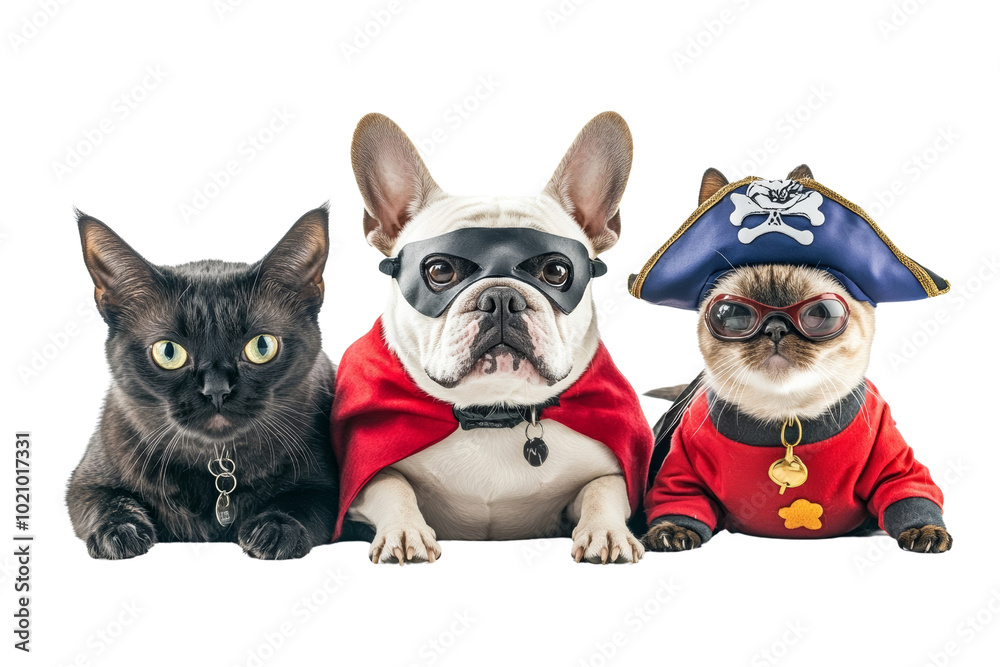 Adorable pets in costumes portraying superheroes and pirates, showcasing fun expressions and playful demeanor. Adorable pets in costumes portraying superheroes and pirates, showcasing fun expressions and playful demeanor.