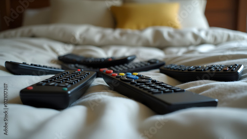 Entertainment Chaos: A Bunch of Remote Controls Scatter on a Cozy Bed photo