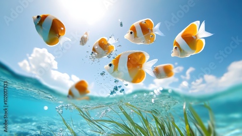 Colorful Clownfish Swimming Underwater in Bright Ocean