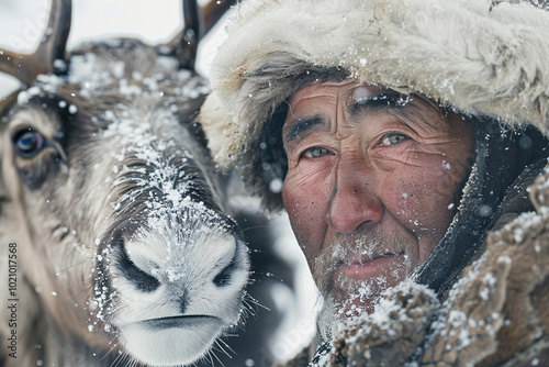 Close up of reindeer herder in snow