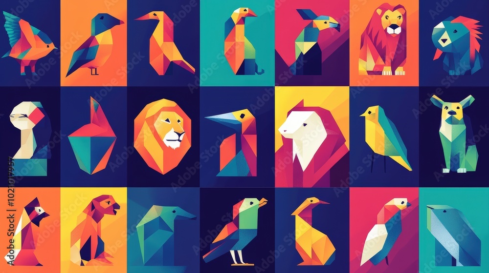 Obraz premium Geometric animal illustrations in a grid.