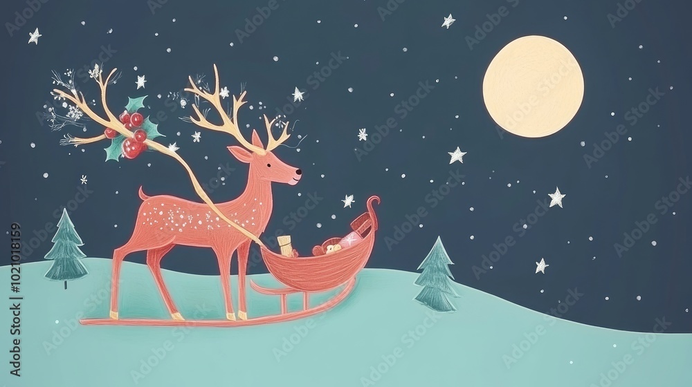 Reindeer and sleigh flat design top view magical night theme cartoon drawing colored pastel Reindeer and sleigh flat design top view magical night theme cartoon drawing colored pastel
