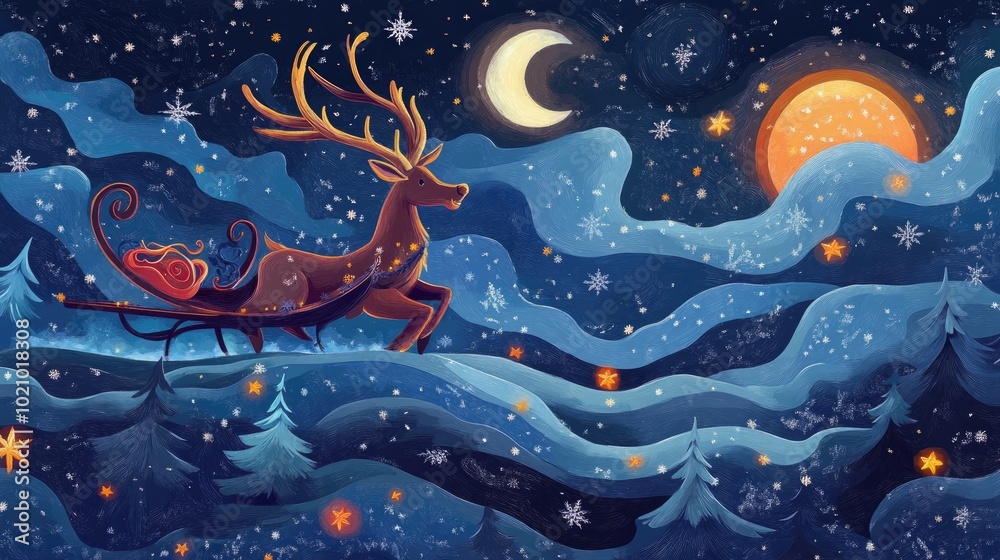 Reindeer and sleigh flat design top view magical night theme cartoon drawing colored pastel Reindeer and sleigh flat design top view magical night theme cartoon drawing colored pastel