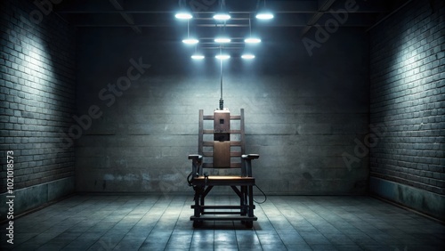 An Eerie, Dimly Lit Room with a Wooden Electric Chair and a Row of Overhead Lights