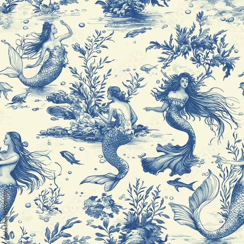 A Toile de Jouy seamless pattern featuring underwater scenes with mermaids and sea creatures