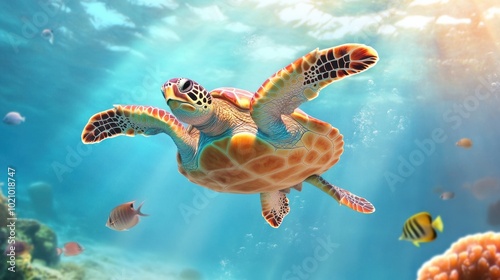Colorful Turtle Swimming in Clear Ocean Water