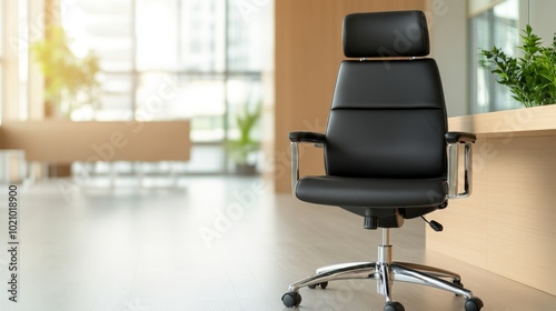 A high-tech [office chair] with ergonomic design, black leather with chrome finish, Picture taken by camera 35mm+ lens photo