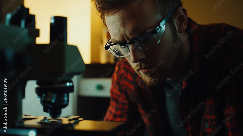 Man in glasses peering intently through a microscope. Man in glasses peering intently through a microscope.