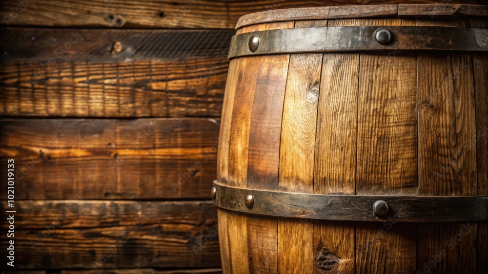 A Rustic Wooden Barrel with Metal Bands Against a Weathered Wood Background A Rustic Wooden Barrel with Metal Bands Against a Weathered Wood Background