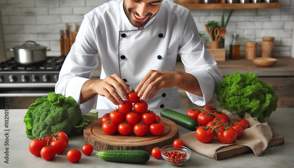 A male chef prepares a dish of fresh tomatoes in the kitchen . A male chef prepares a dish of fresh tomatoes in the kitchen .