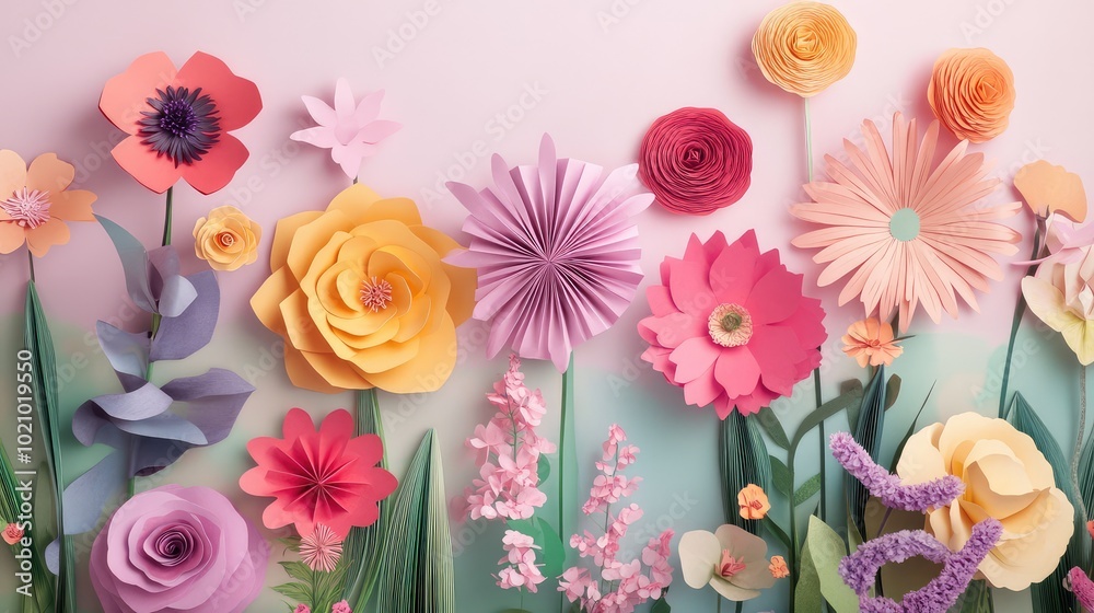 A whimsical arrangement of various paper flowers in a colorful assortment, displayed against a pastel background for a cheerful effect A whimsical arrangement of various paper flowers in a colorful assortment, displayed against a pastel background for a cheerful effect