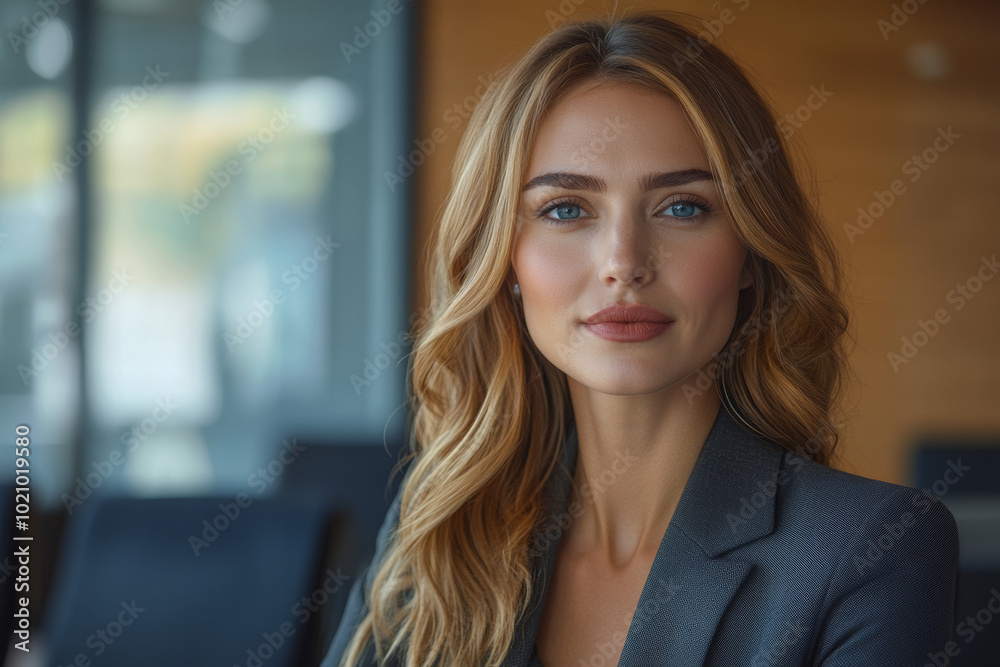Naklejka premium A young woman with blonde hair and blue eyes looks directly at the camera.