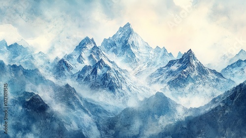 Majestic Mountain Watercolor, a serene depiction of towering peaks bathed in soft hues, capturing the essence of nature's grandeur and tranquility in artistic form.