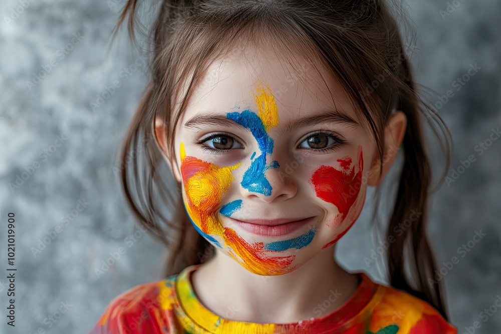 Cute funny child with paint on face smiling against grey studio wall background background. Helloween on birthday party with animators concept with generative ai Cute funny child with paint on face smiling against grey studio wall background background. Helloween on birthday party with animators concept with generative ai