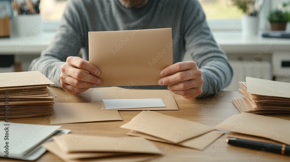 Close-up of [Hands folding papers] into envelopes, stacked letters on a desk, Picture taken by camera 35mm+ lens