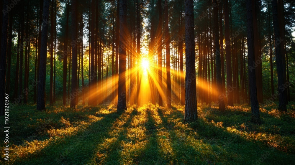 Obraz premium Sun Rays Filtering Through Pine Forest