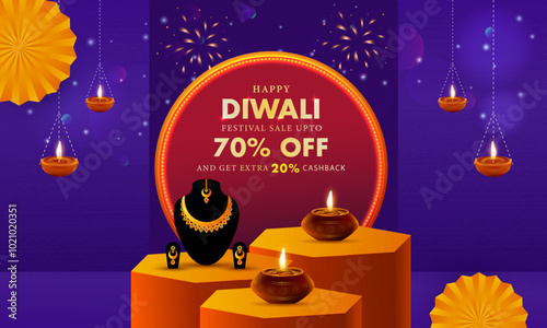 Happy Diwali festivals of light. Biggest festive sale poster, banner and web header template design. Vector Illustration.