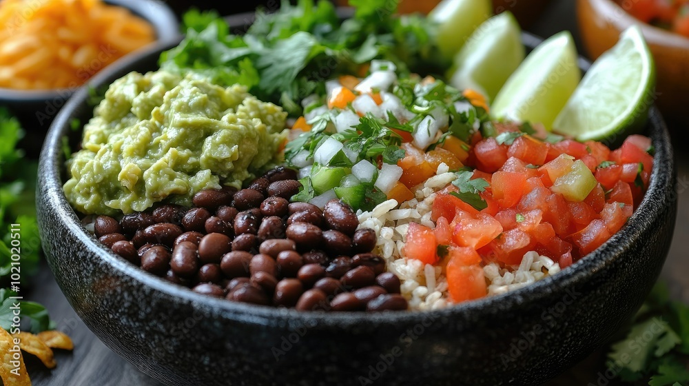 A hearty bean and vegetable burrito bowl with brown rice, black beans, salsa, and guacamole, garnished with lime wedges and cilantro