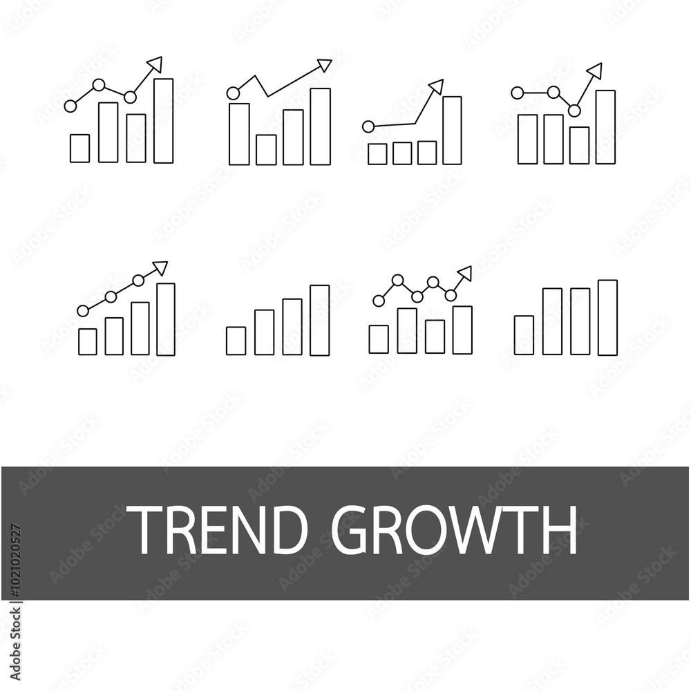 Fototapeta premium Growing bar graph icon set. Business graphs and charts icons. Statistics and analytics vector icon. Statistic and data, charts diagrams, money, down or up arrow. Vector illustration.