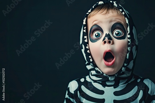 Cute little halloween boy with toy eyes looking up and open mouth with shocked and delight copy space wearing Halloween costume skeleton on dark background with space for text. with generative ai