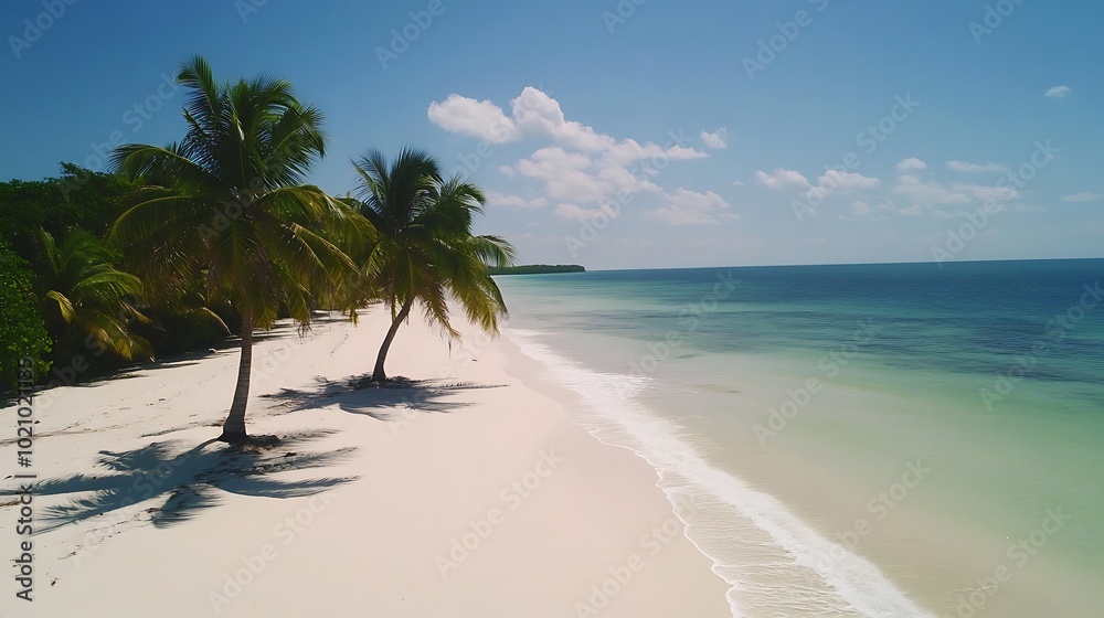 Obraz premium Two Palm Trees on a Pristine White Sand Beach with Turquoise Waters