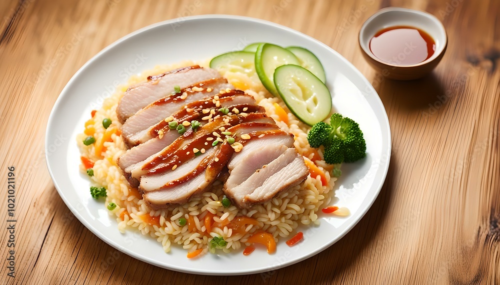 Chinese style Egg fried rice with sliced pork fillet on white wooden table.
Chinese style Egg fried rice with sliced pork fillet on white wooden table.