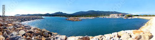 Panoramic view of the marina and the entrance to the port of Argeles-sur-mer, in the sunny south of France, between Perpignan (Pyrenees-Orientales) and the Spanish border, in the Occitanie region