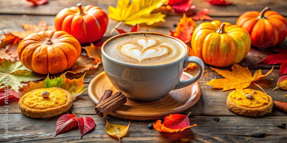 Autumnal Delights A Warm Cup of Latte Surrounded by Fall Colors, Fragrant Cinnamon Sticks, and Pumpkin-Spiced Treats Autumnal Delights A Warm Cup of Latte Surrounded by Fall Colors, Fragrant Cinnamon Sticks, and Pumpkin-Spiced Treats