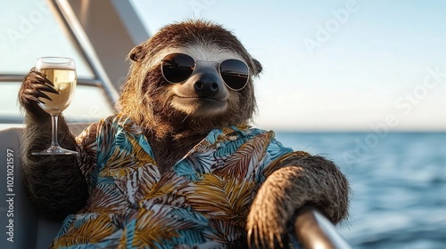 A relaxed sloth in sunglasses enjoys a drink on a boat, showcasing a vibrant tropical shirt with a scenic ocean backdrop. photo