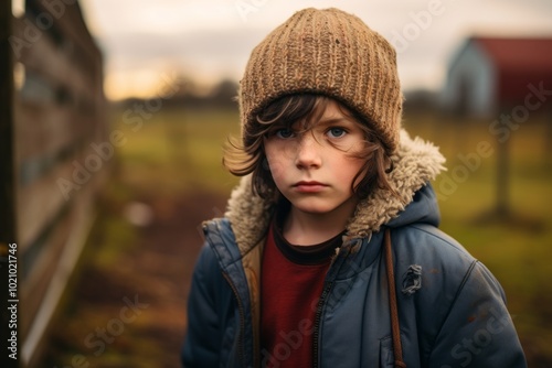 Portrait of a boy in a hat and jacket in the countryside