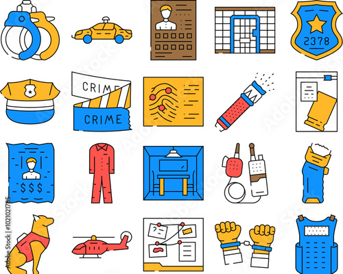 crime scene police criminal icons set vector. evidence murder, detective tape, law information, board violence, data dark cyber crime scene police criminal color Contour Illustrations