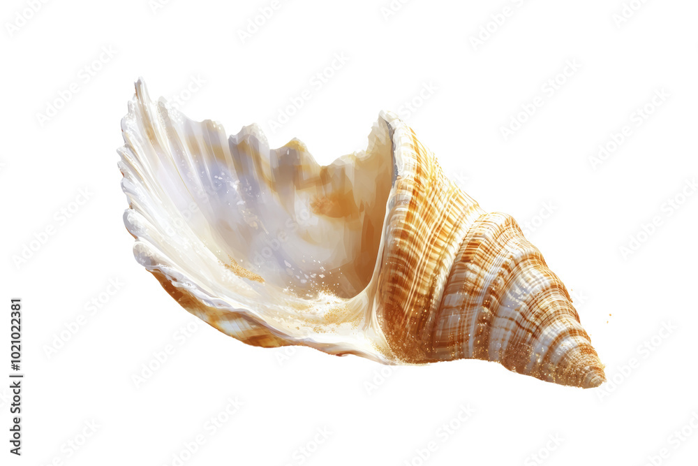 Close-up of a beautiful seashell with intricate patterns and subtle colors, isolated on a white background. Close-up of a beautiful seashell with intricate patterns and subtle colors, isolated on a white background.