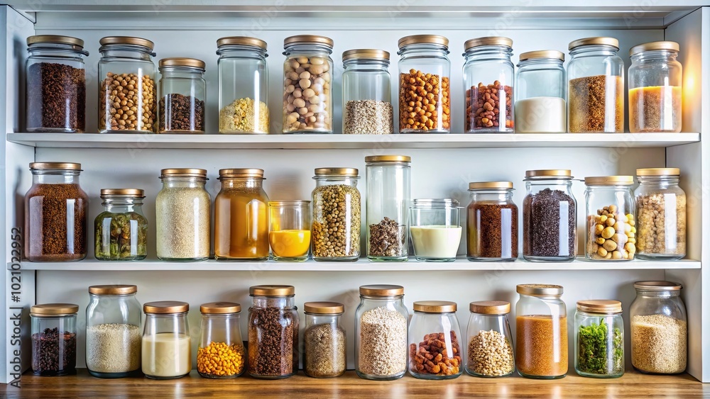 A well-organized pantry shelf filled with glass jars containing an array of dried ingredients, showcasing a diverse collection of spices, grains, and other pantry staples. A well-organized pantry shelf filled with glass jars containing an array of dried ingredients, showcasing a diverse collection of spices, grains, and other pantry staples.