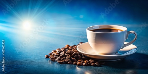 Aromatic Coffee Cup Resting on a Bed of Beans Beneath a Blue Sky with Sunbeams
