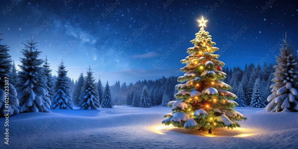A single, illuminated Christmas tree stands tall in a snowy forest under a night sky filled with stars, the Milky Way, and a soft glow. A single, illuminated Christmas tree stands tall in a snowy forest under a night sky filled with stars, the Milky Way, and a soft glow.