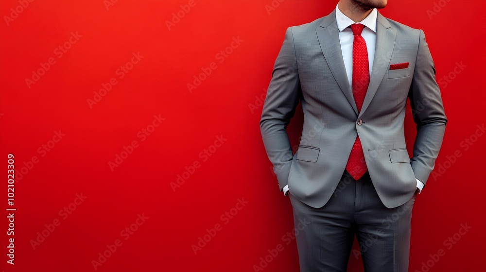 Well-Dressed Businessman Stands Confidently in Formal Suit Against Striking Red Background