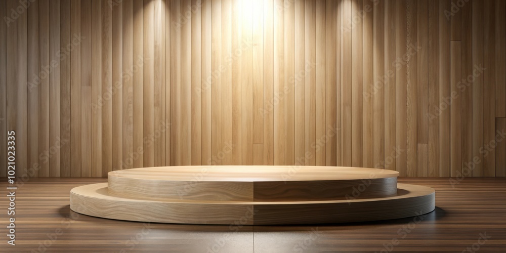 A minimalist wooden platform with a spotlight against a vertical wood panel background A minimalist wooden platform with a spotlight against a vertical wood panel background