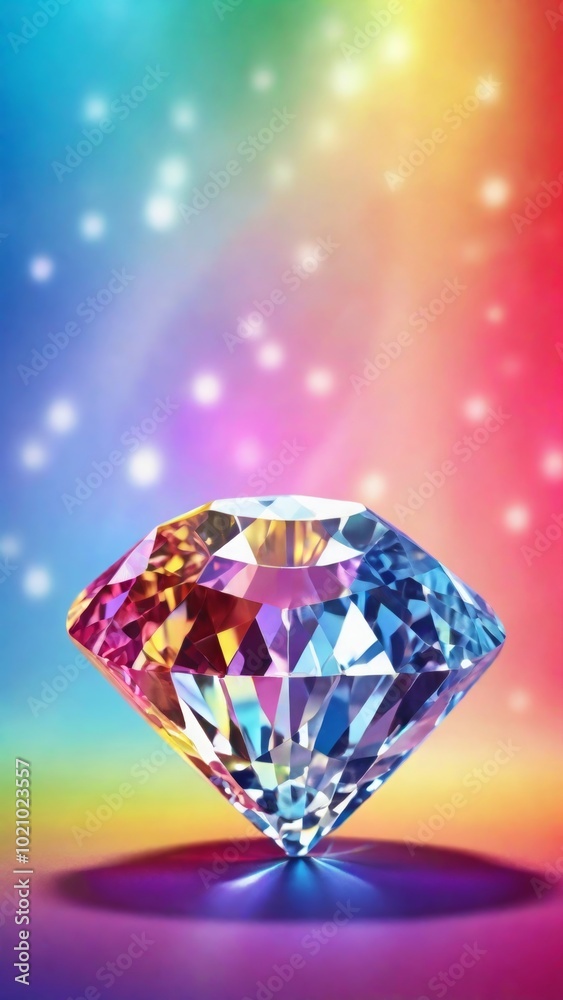 White shiny diamonds in a rainbow light background
White shiny diamonds in a rainbow light background