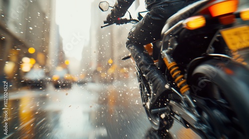 Rider navigating a rainy city street on a motorcycle photo