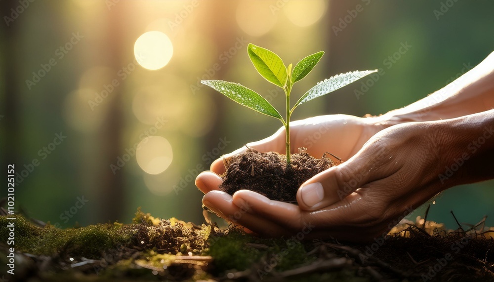 Fototapeta premium Hands holding a young sapling