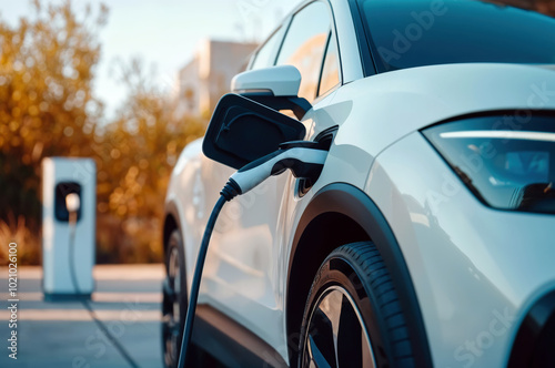 Modern electric car plugged in at public charging station