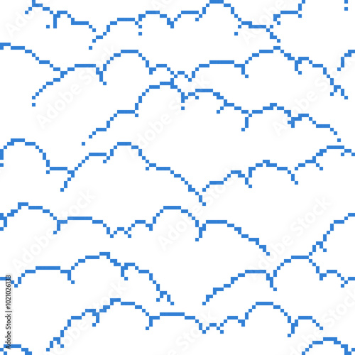 Seamless pattern with pixelated blue clouds on a white background, pixel style, endless pixel cloudscape in soft blue hues on crisp white background, featuring pixelated clouds floating in minimalist