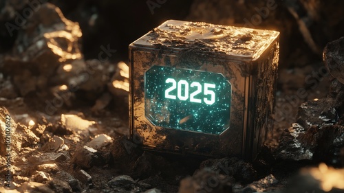 futuristic time capsule made of vibranium, projecting a holographic year 2025, and has specks of dirt from being unearthed recently photo